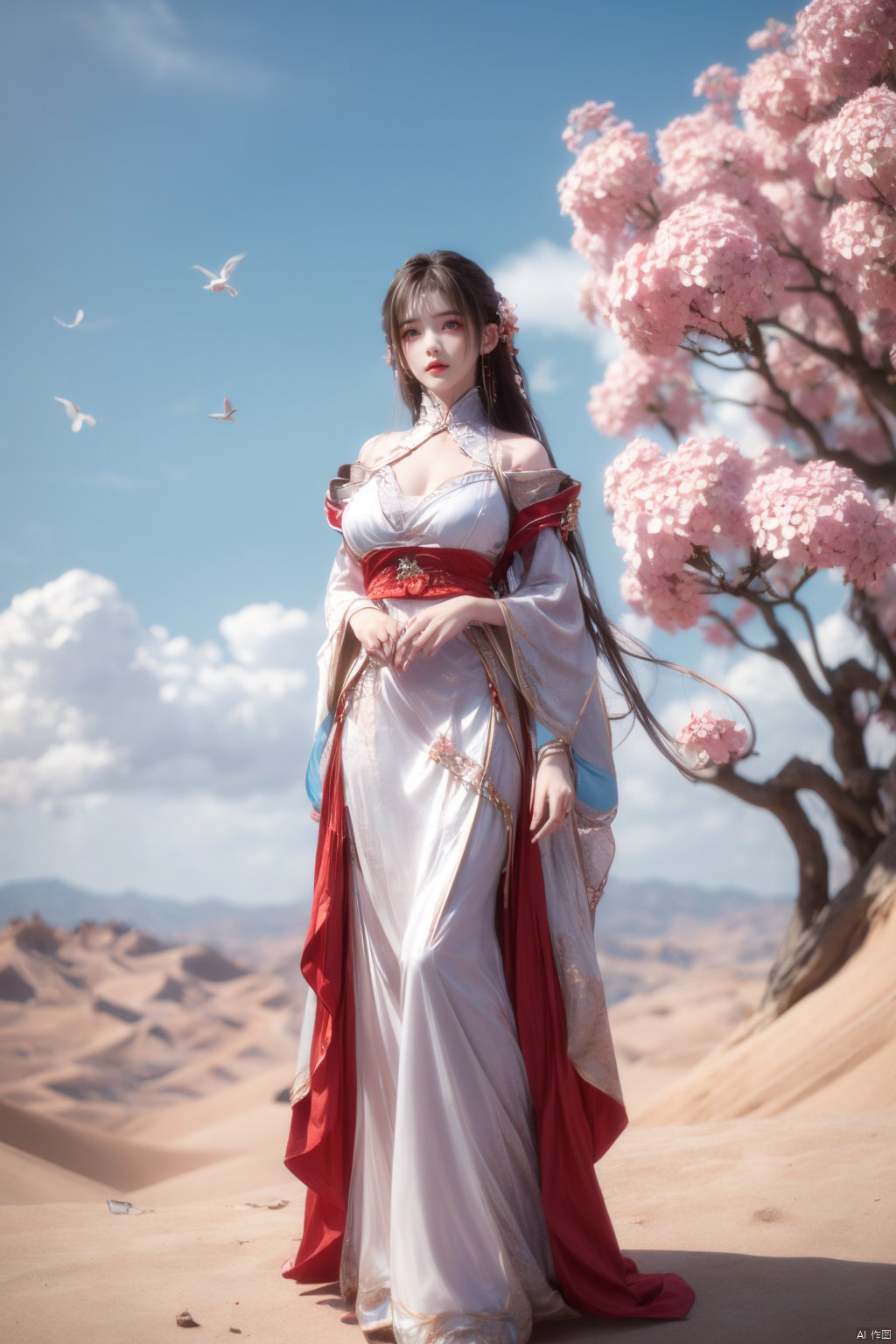 a girl,appear on camera,blue sky,blue sky,white cloud,full body,red dress,,Xyunluo,(big_breasts:1.23),Xningyudie, desert_sky,X-Hydrangea, hanfu