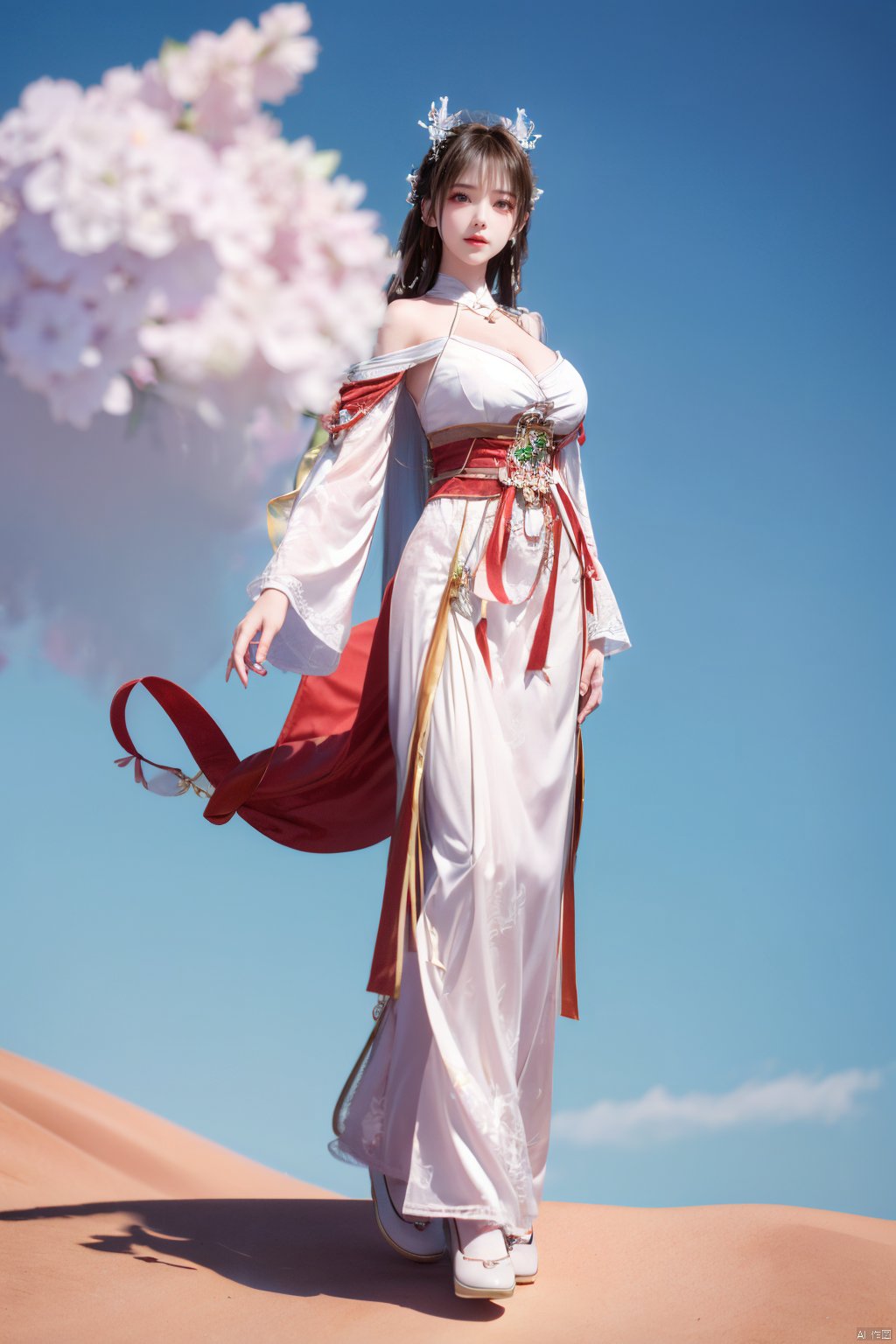 a girl,appear on camera,blue sky,blue sky,white cloud,full body,red dress,,Xyunluo,(big_breasts:1.23),Xningyudie, desert_sky,X-Hydrangea, hanfu,1girl