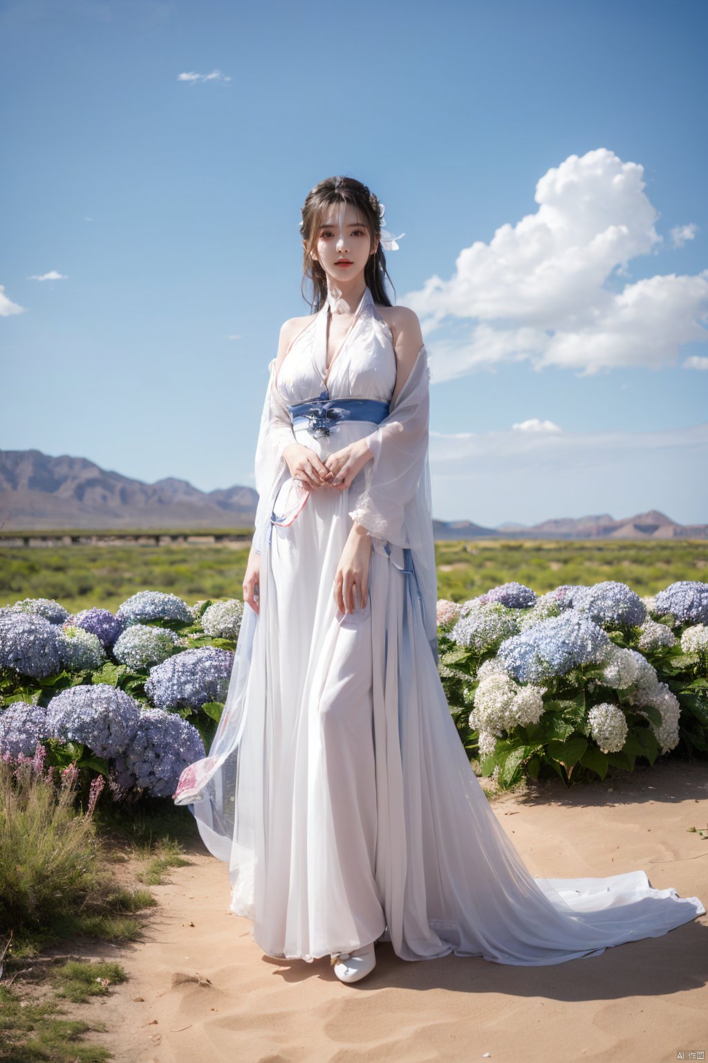 a girl,appear on camera,blue sky,blue sky,white cloud,full body,red dress,,Xyunluo,(big_breasts:1.23),Xningyudie, desert_sky,X-Hydrangea, hanfu,1girl