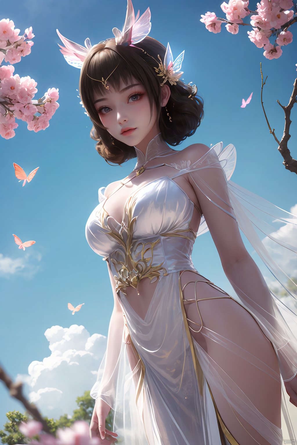  1 girl, dynamic angle, solo, looking at the audience, dress, sky, blue sky, insects, butterflies, branches,,Xyunluo