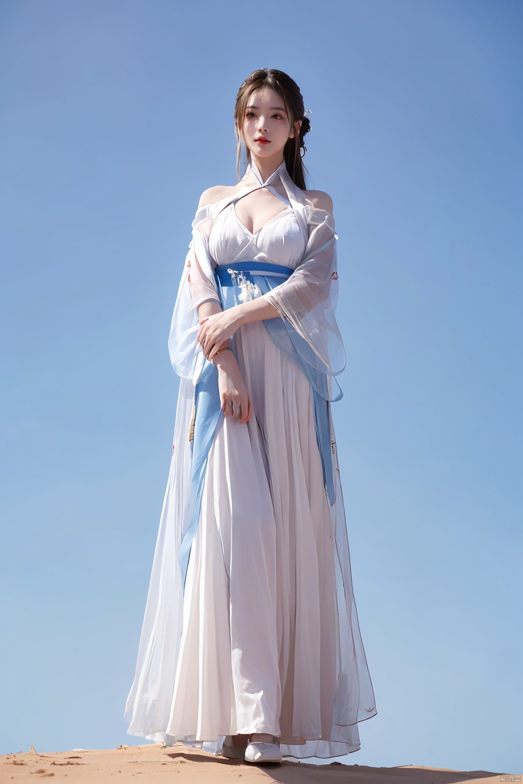 a girl,appear on camera,blue sky,blue sky,white cloud,full body,red dress,,Xyunluo,(big_breasts:1.23),Xningyudie, desert_sky,X-Hydrangea, hanfu,1girl