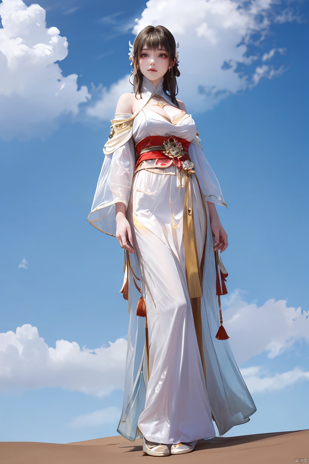 a girl,appear on camera,blue sky,blue sky,white cloud,full body,red dress,,Xyunluo,(big_breasts:1.23),Xningyudie, desert_sky,X-Hydrangea, hanfu,1girl