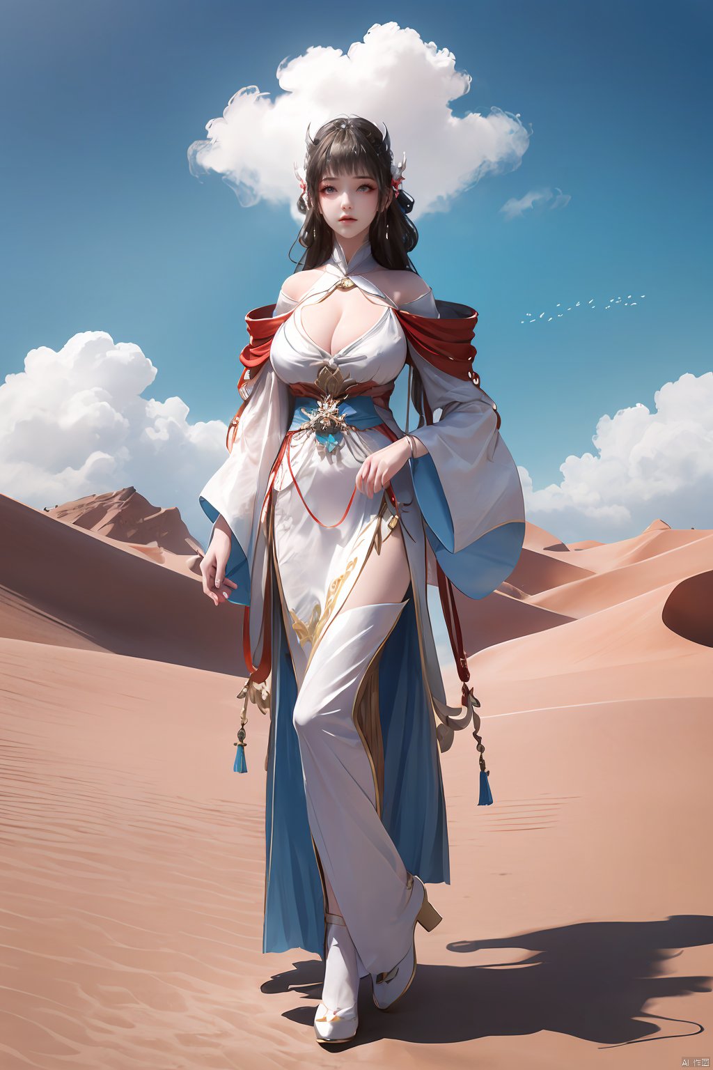 a girl,appear on camera,blue sky,blue sky,white cloud,full body,red dress,,Xyunluo,(big_breasts:1.23),Xningyudie, desert_sky,X-Hydrangea, hanfu