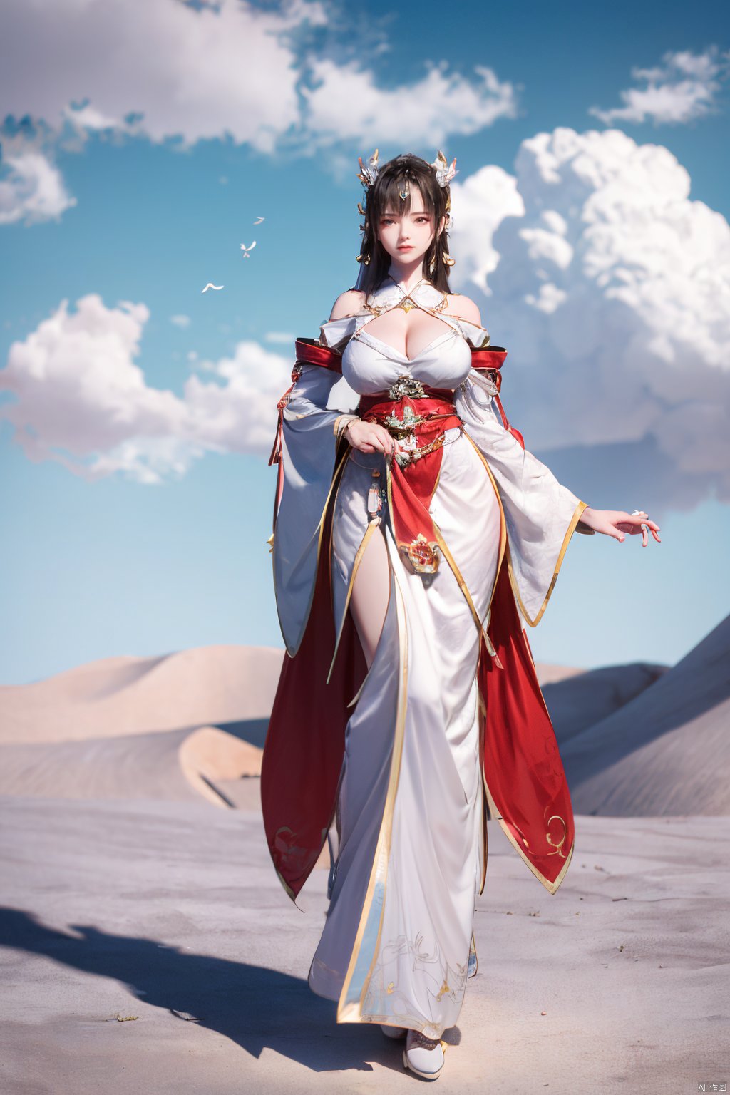 a girl,appear on camera,blue sky,blue sky,white cloud,full body,red dress,,Xyunluo,(big_breasts:1.23),Xningyudie, desert_sky,X-Hydrangea, hanfu,1girl