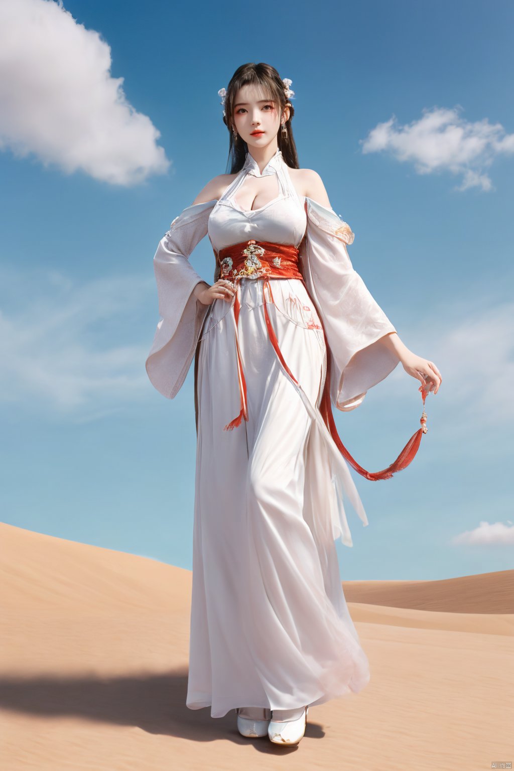 a girl,appear on camera,blue sky,blue sky,white cloud,full body,red dress,,Xyunluo,(big_breasts:1.23),Xningyudie, desert_sky,X-Hydrangea, hanfu,1girl