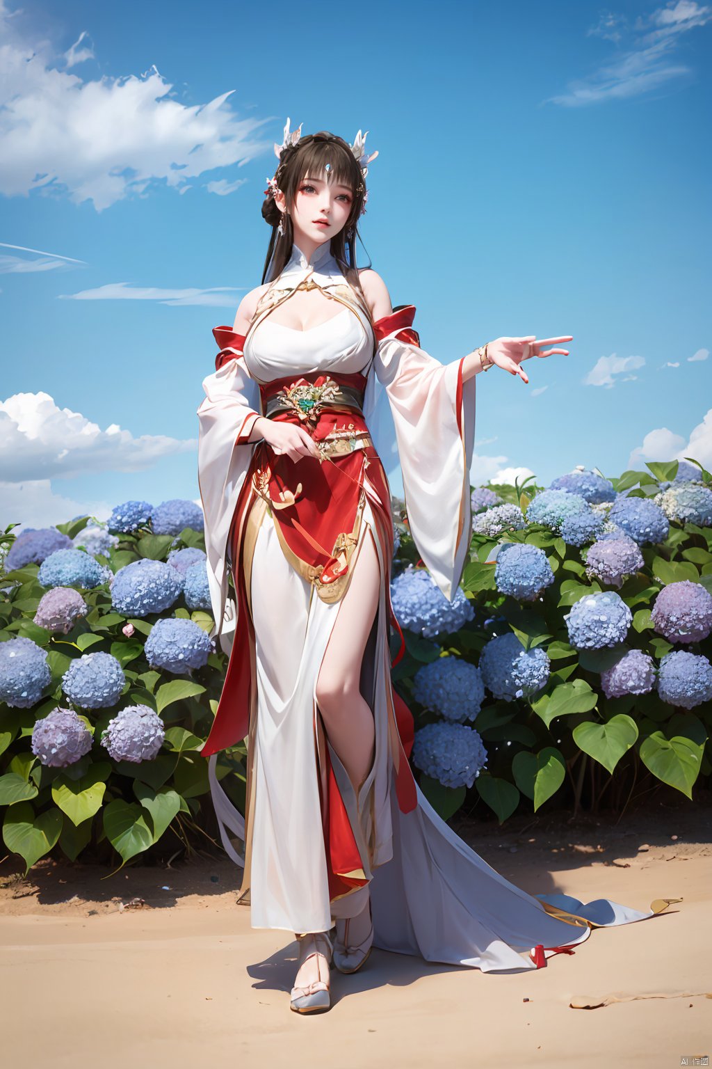 a girl,appear on camera,blue sky,blue sky,white cloud,full body,red dress,,Xyunluo,(big_breasts:1.23),Xningyudie, desert_sky,X-Hydrangea, hanfu,1girl