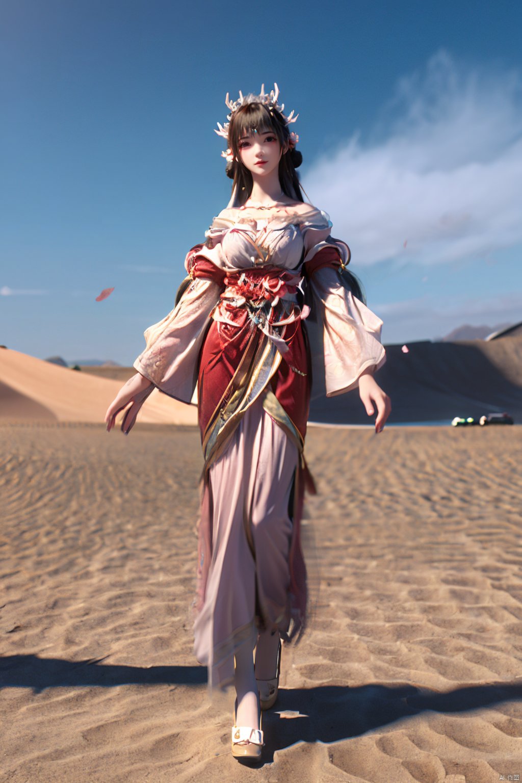 a girl,appear on camera,blue sky,blue sky,white cloud,full body,red dress,,Xyunluo,(big_breasts:1.23),Xningyudie, desert_sky,X-Hydrangea, hanfu,1girl