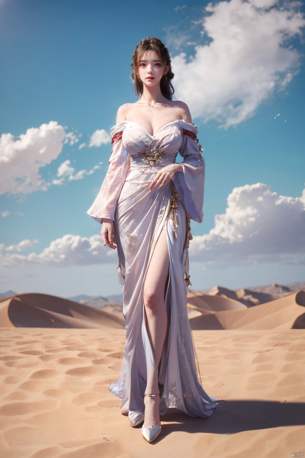 a girl,appear on camera,blue sky,blue sky,white cloud,full body,red dress,,Xyunluo,(big_breasts:1.23),Xningyudie, desert_sky,X-Hydrangea, hanfu,1girl