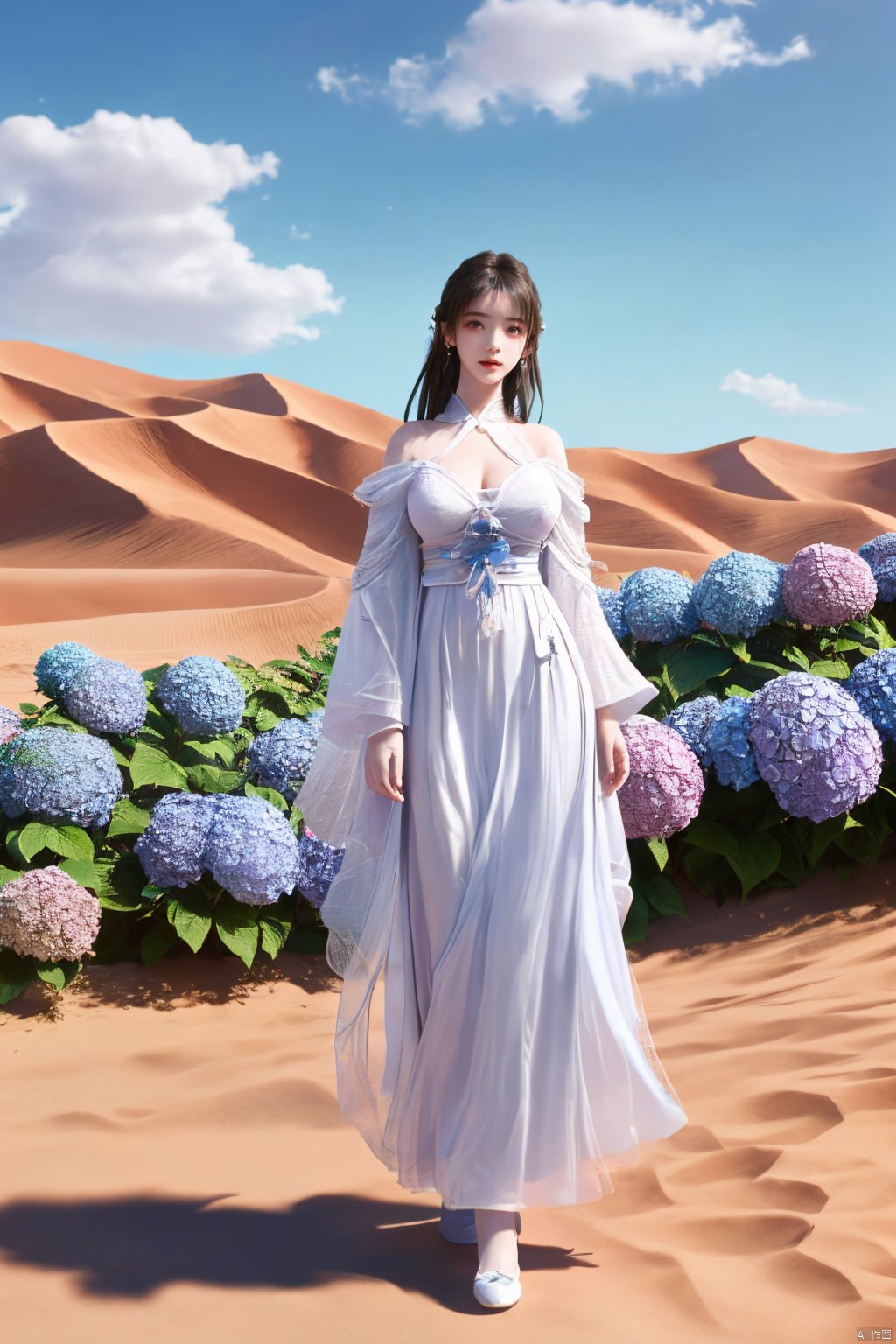 a girl,appear on camera,blue sky,blue sky,white cloud,full body,red dress,,Xyunluo,(big_breasts:1.23),Xningyudie, desert_sky,X-Hydrangea, hanfu,1girl