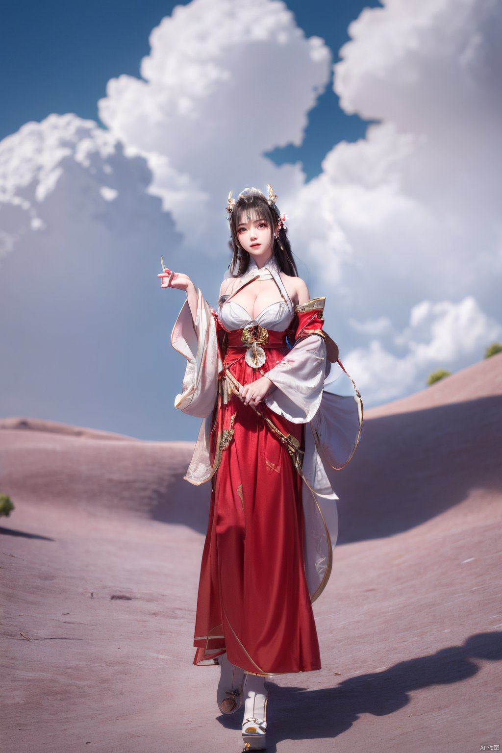 a girl,appear on camera,blue sky,blue sky,white cloud,full body,red dress,,Xyunluo,(big_breasts:1.23),Xningyudie, desert_sky,X-Hydrangea, hanfu,1girl