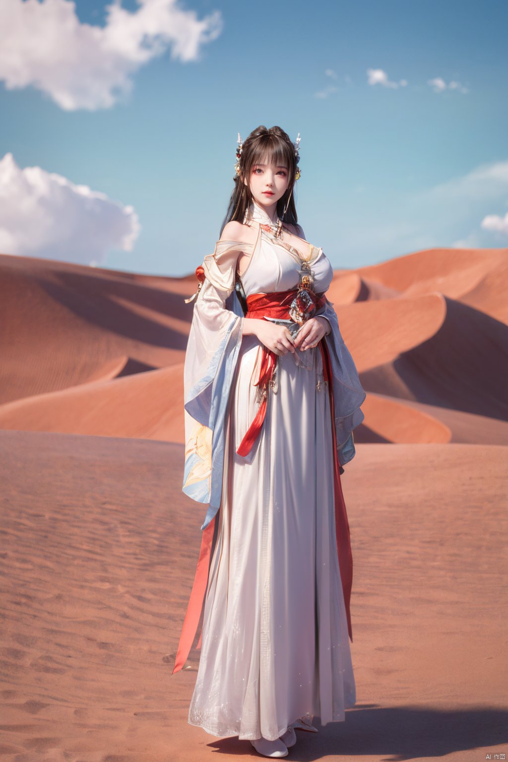 a girl,appear on camera,blue sky,blue sky,white cloud,full body,red dress,,Xyunluo,(big_breasts:1.23),Xningyudie, desert_sky,X-Hydrangea, hanfu,1girl