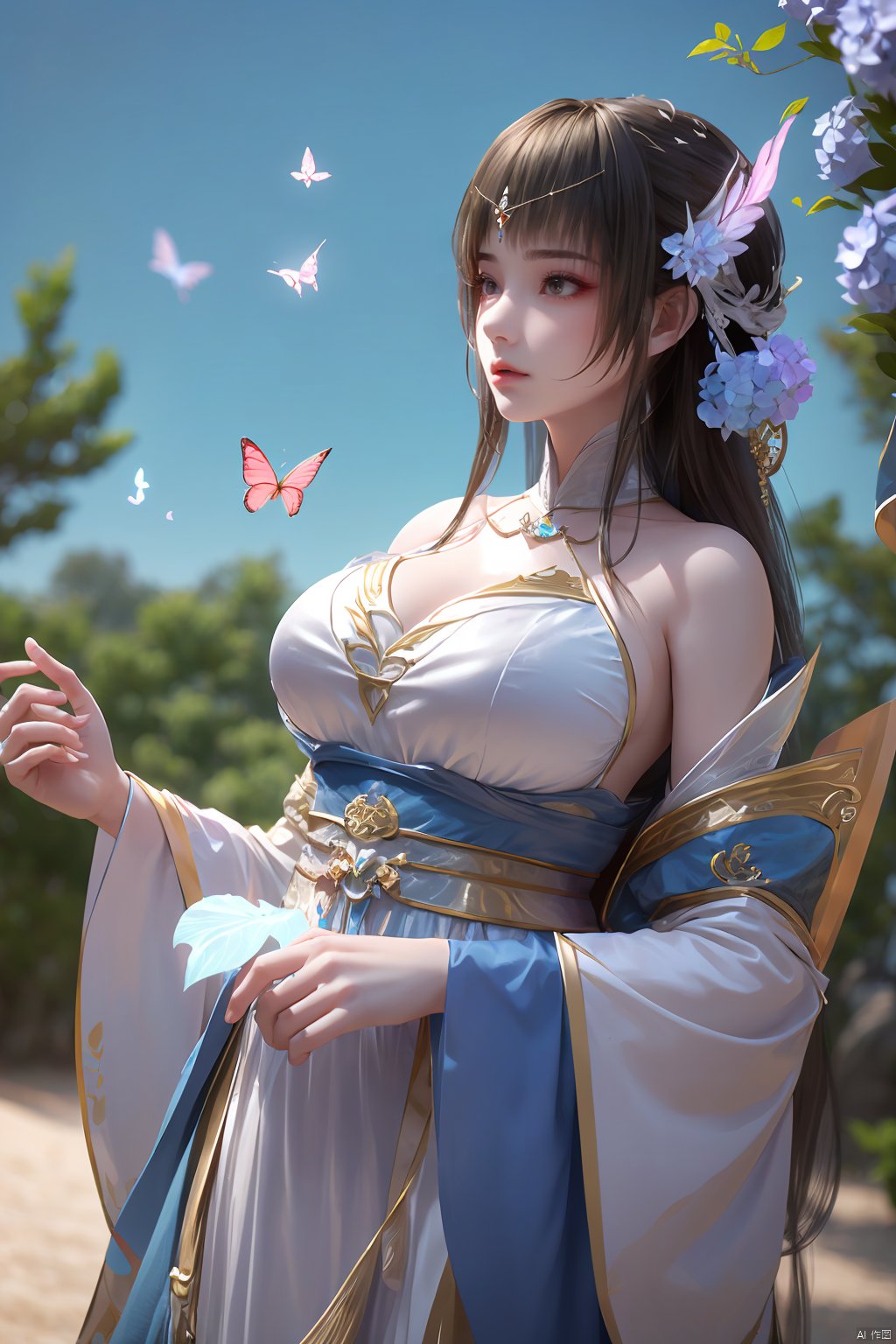  1 girl, dynamic angle, solo, looking at the audience, dress, sky, blue sky, insects, butterflies, branches,,Xyunluo,(big_breasts:1.23),Xningyudie, desert_sky,X-Hydrangea, hanfu