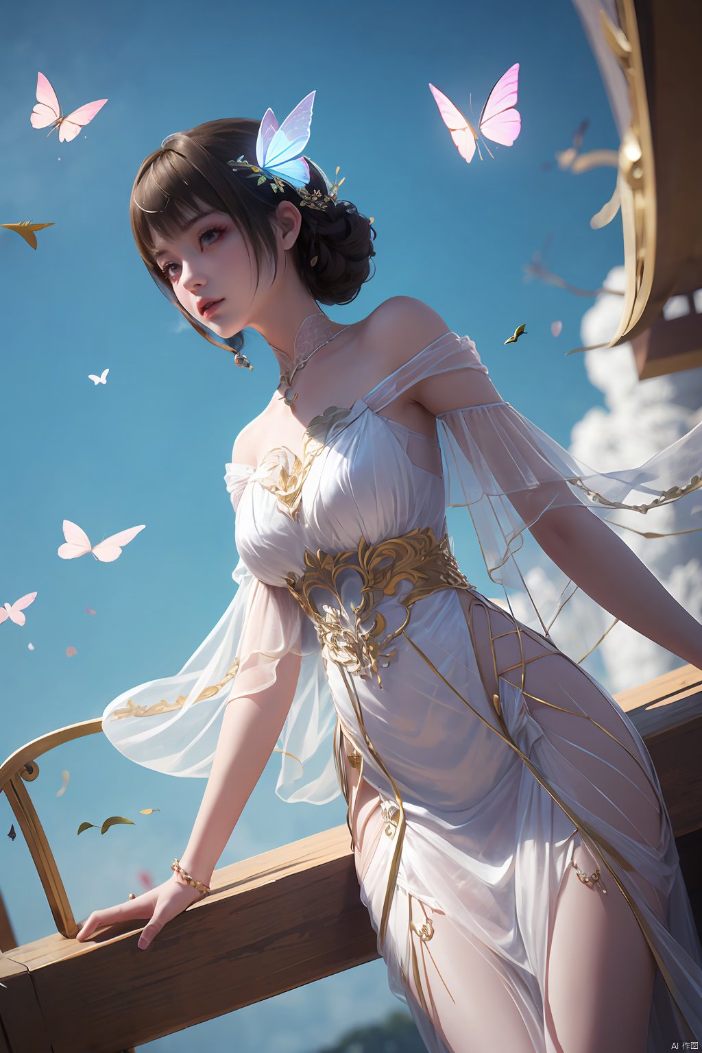  1 girl, dynamic angle, solo, looking at the audience, dress, sky, blue sky, insects, butterflies, branches,,Xyunluo