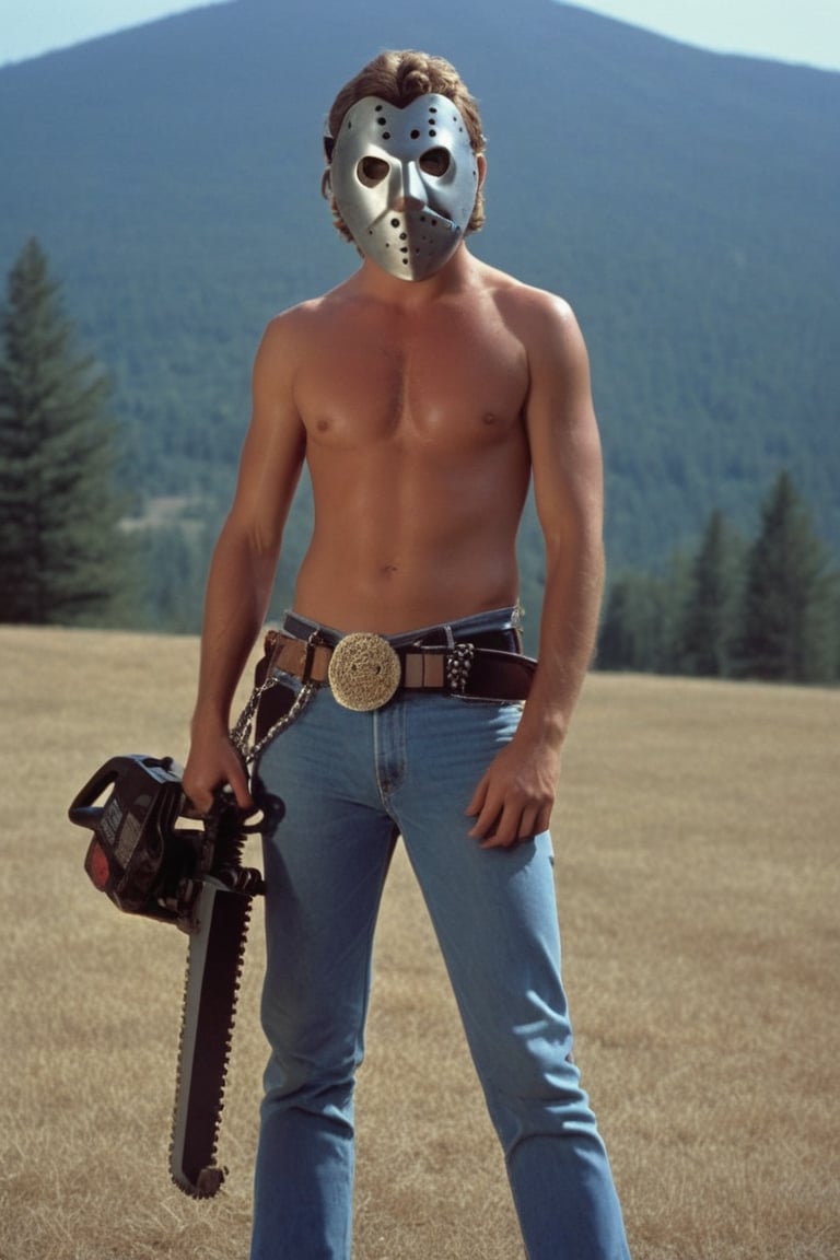 1boy, hockey mask, muscular chest, torn clothing, torn blue jeans, belt, crossed ammo belts, holding chainsaw, spooky, 80sHorror, 1980s horror movie still, 80s style, (masterpiece), standing on hill with view of mountain cabin in distance, 
