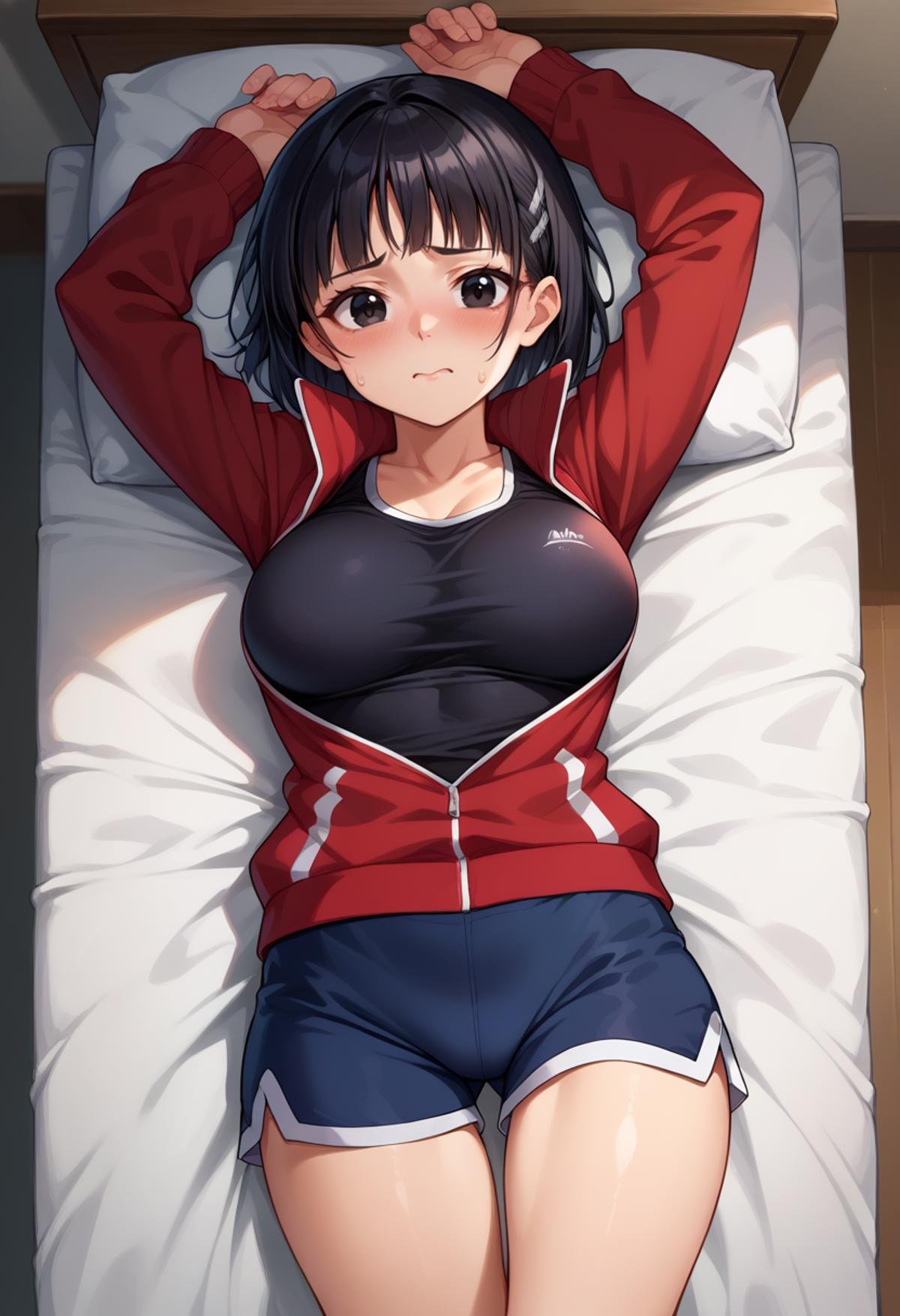 score_9,score_8_up,score_7_up BREAK 1girl,jelosugutk,indoors,from above,lying on bed,black hair,black eyes,hairclip,track jacket,red jacket,unworn jacket,black tank top,dolphin shorts,looking at viewer,embarrassed,<lora:Suguha-JeloXL-000007:1>,