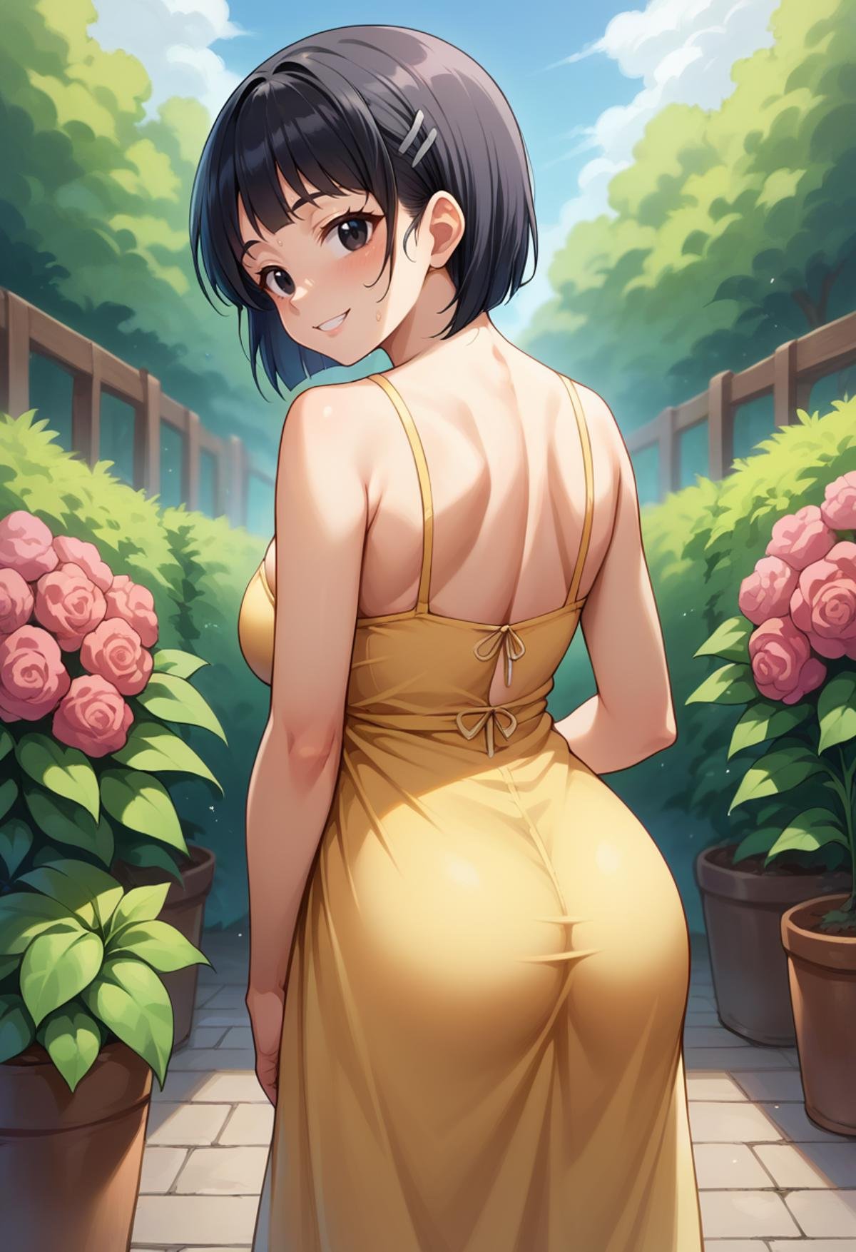 score_9,score_8_up,score_7_up BREAK 1girl,jelosugurnd,solo,garden,from behind,solo,black hair,black eyes,hairclip,yellow sundress,looking back,smile,<lora:Suguha-JeloXL-000007:1>,