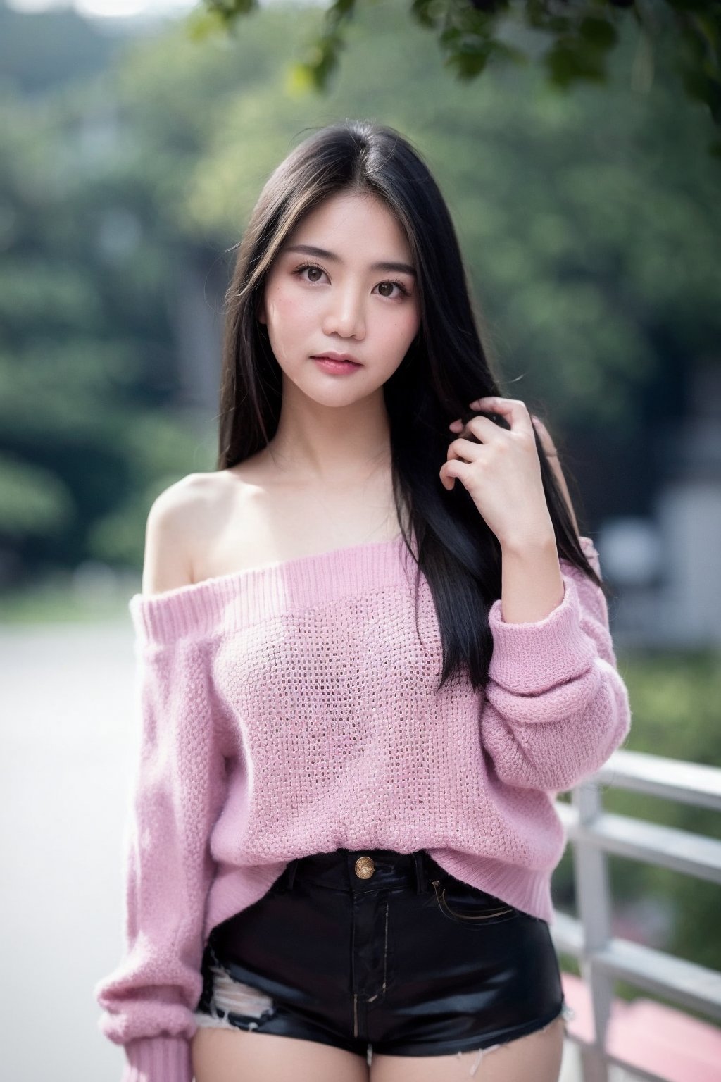 portrait of puifaii, thai girl, long black hair, pointed nose, pink sweater, off shoulders, nature background, shorts, bokeh, kodachrome, sunlighting, 