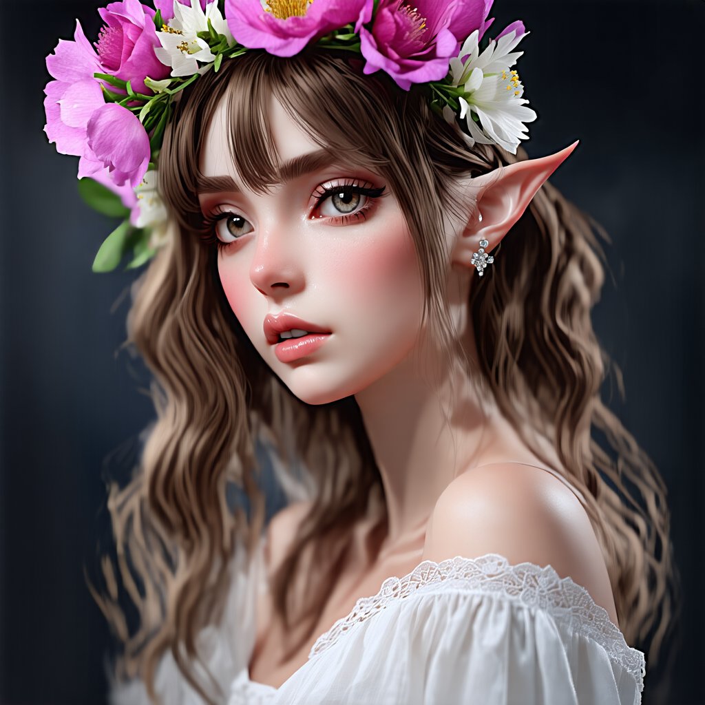 Create a photorealistic portrait of an elf girl with long, wavy hair framing her face and falling between her eyes. She looks directly at the viewer with grey eyes, a subtle blush on her cheeks, and parted lips. Her bangs are swept to the side, revealing a hair ornament and detachable sleeves. A white dress flows from her bare shoulders, adorned with intricate jewelry and a delicate head wreath featuring a pink flower. The background is blurry, allowing the subject's ethereal features to take center stage. Capture this moment in stunning 4K or 8K resolution, showcasing every detail of her piercing, hair flower, earrings, and piercing pointy ears.