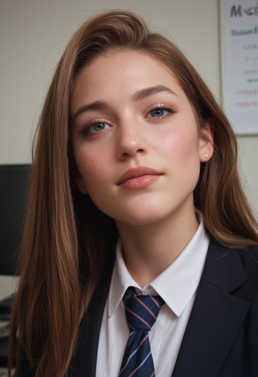 Belle Delphine, score_9, score_8_up, score_7_up, score_6_up, score_5_up, 1girl, solo, office, black business suit, face closeup, brown hair,  neck tie, looking at viewer, focused eyes, tilted head, 2k24 