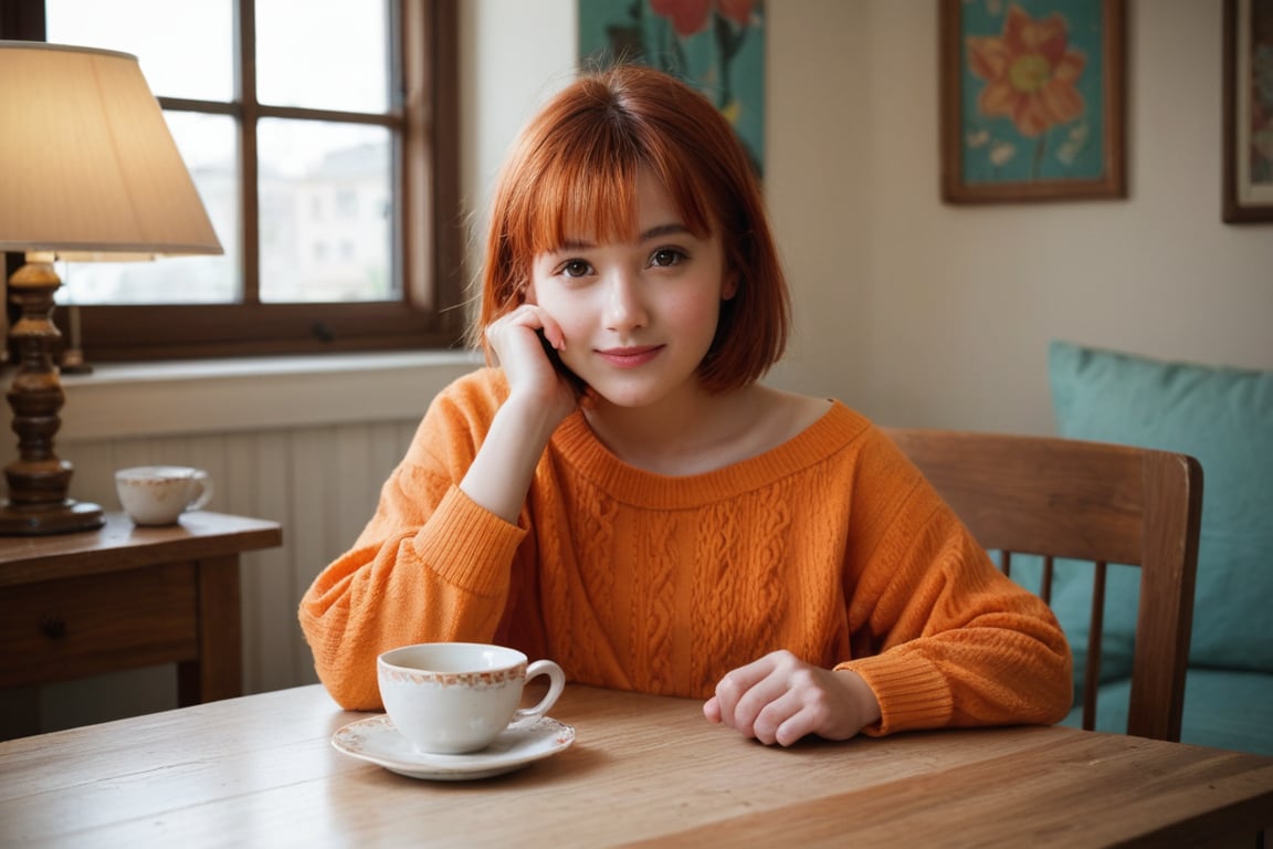 score_9, score_8_up, score_7_up, score_6_up, score_5_up, score_4_up, bright colors, high contrast, vivid lighting, This is a digital illustration of a young girl with red hair. She is wearing an orange sweater and is sitting at a table with a white cup and saucer in front of her. The background shows a cozy room with a window and a lamp.

(1girl:0.98), (cup:0.93), (solo:0.90), (sweater:0.83), (child:0.81), (short hair:0.79), (blurry:0.79), (indoors:0.77), (brown eyes:0.70), (blurry background:0.69), (rating:general:0.61), (food:0.59), (table:0.58), (orange sweater:0.53), (freckles:0.50), (smile:0.49), (sitting:0.46), (teacup:0.44), (brown hair:0.43), (realistic:0.42), (depth of field:0.41), (rating:sensitive:0.40), (looking at viewer:0.38), (mug:0.37), (long sleeves:0.36), (blonde hair:0.36)