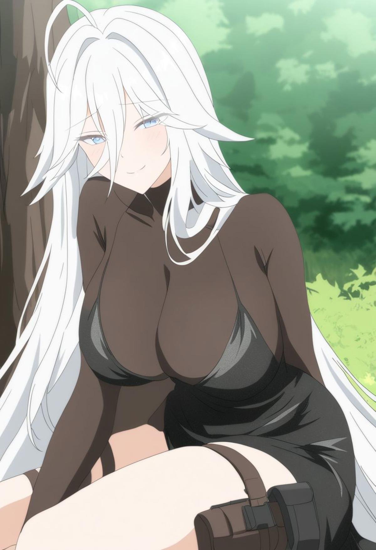 Azur Lane Slow Ahead Style, 1girl, sovetsky_soyuz_\(azur_lane\), black dress, thigh_holster, long dress, BREAK 3/4 view, above eyes level, close up portrait, Sitting with One Leg Bent, mouth slightly smile, outdoor, forest, tree trunk, masterpiece 