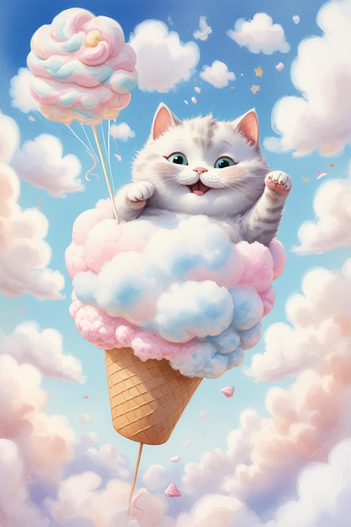 Award winning, masterpiece, High detail, Ethereal, whimsical illustration, pastel colors, dreamlike setting, A chubby little Kitty, inverted, floating in mid-air, surrounded by fluffy white clouds, tender expressions, sweet treats like cotton candy swirling around it, gentle watercolor strokes, soft focus, ethereal lighting, whimsical ambiance. Pixar, animated, whimsical, exaggerated, stylized,close up,upper body:1,