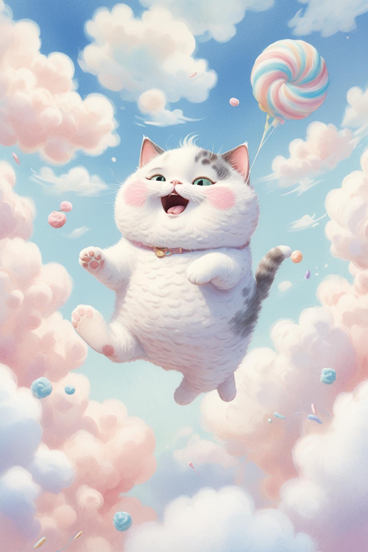 Award winning, masterpiece, High detail, Ethereal, whimsical illustration, pastel colors, dreamlike setting, A chubby little cat, inverted, floating in mid-air, surrounded by fluffy white clouds, tender expressions, sweet treats like cotton candy swirling around it, gentle watercolor strokes, soft focus, ethereal lighting, whimsical ambiance. Pixar, animated, whimsical, exaggerated, stylized,close up,upper body:1,