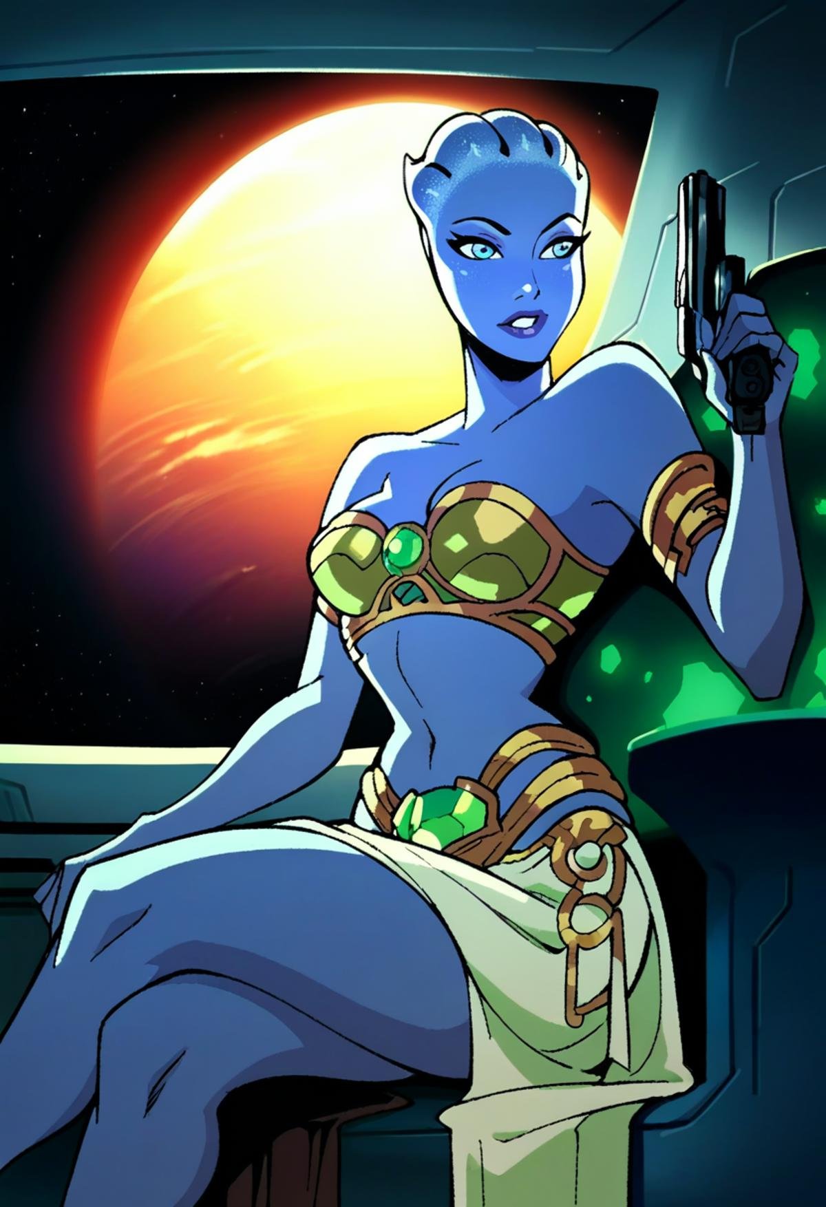 score_9, score_8_up, score_7_up, dcaustyle, liara t'soni, sitting, blue skin, blue eyes, gold bikini, strapless, armlet, pelvic curtain, green gemstone, spacecraft interior, space, holding gun, white science fiction handgun, backlighting