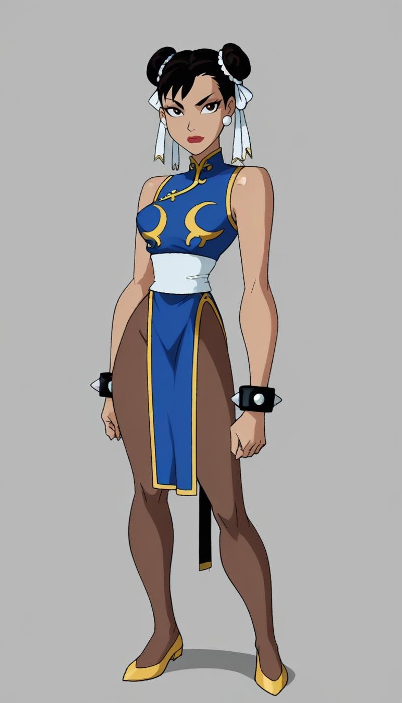 score_9, score_8_up, score_7_up, dcaustyle, 1girl, solo, chun-li, standing, full body, simple background, vector illustration