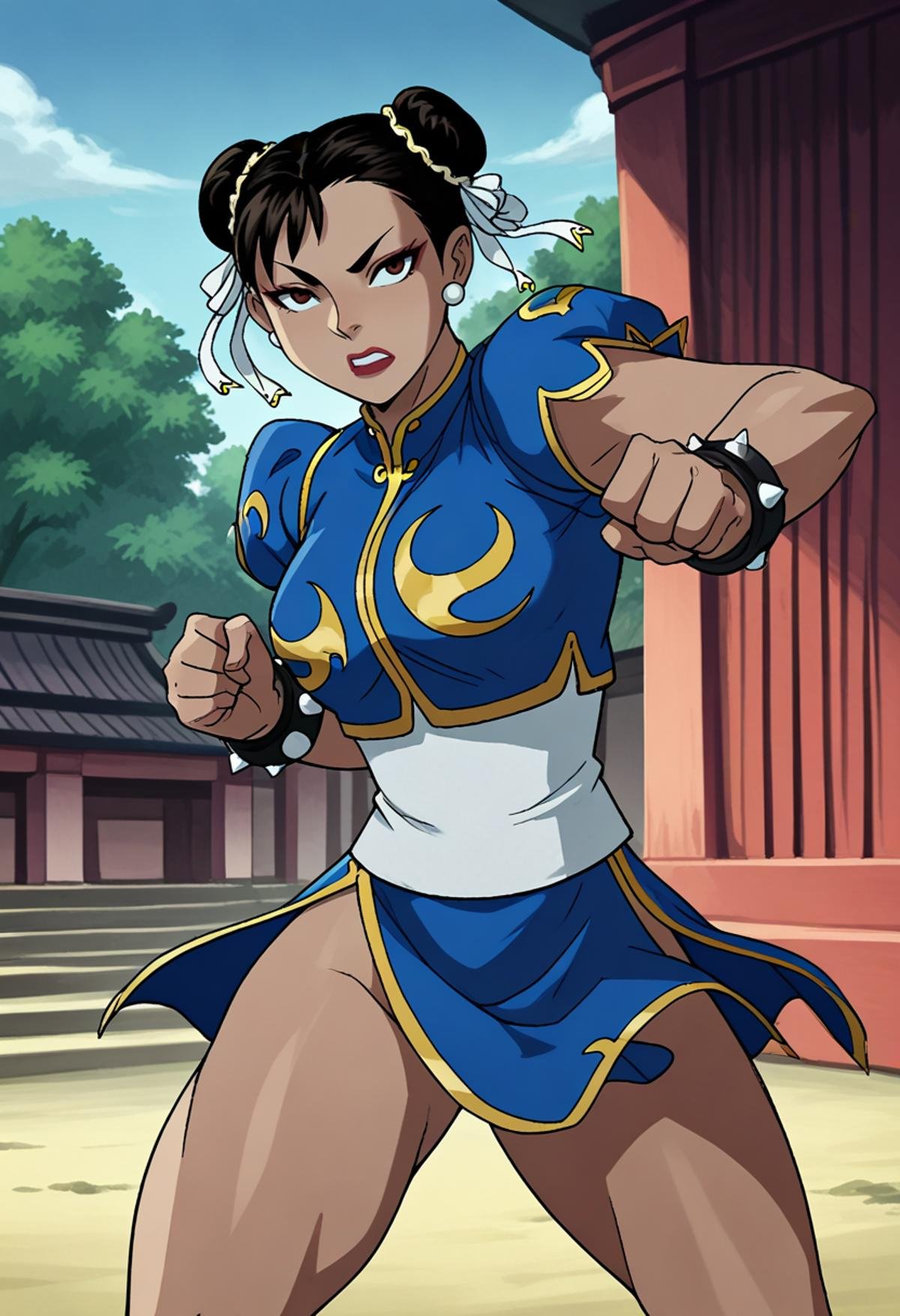 score_9, score_8_up, score_7_up, dcaustyle, 1girl, solo, chun-li, cowboy shot, fighting stance, shaolin temple