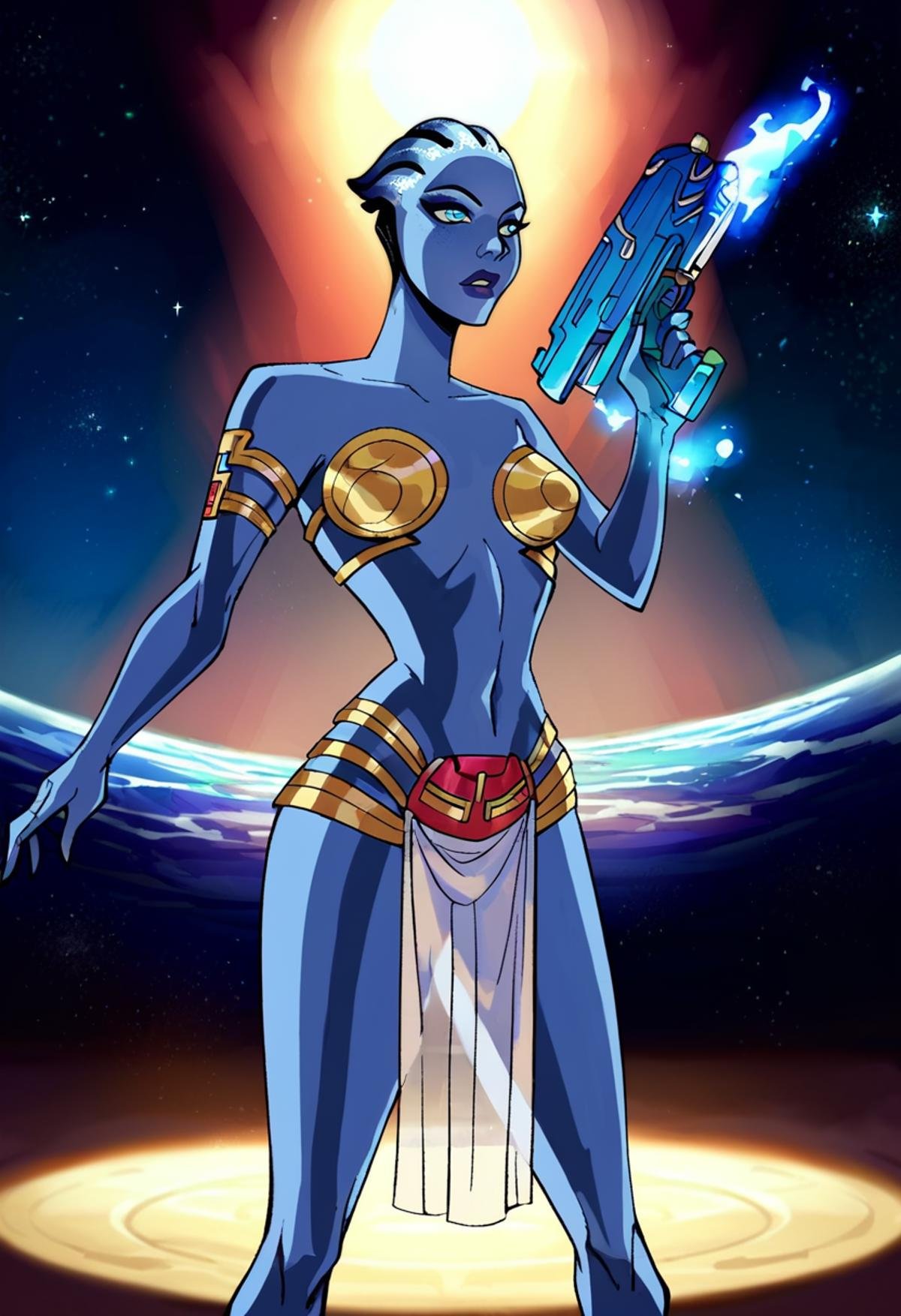 score_9, score_8_up, score_7_up, dcaustyle, liara t'soni, blue skin, blue eyes, gold bikini, strapless, armlet, pelvic curtain, alien planet, space, holding handgun, energy gun, science fiction, backlighting, standing, legs apart, see-through