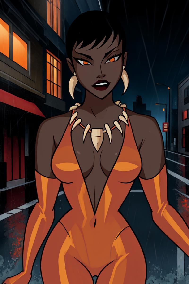 best quality, masterpiece, dcaustyle, 1girl, solo, vixen, dark skin, short bangs, pixie cut, orange bodysuit, plunging neckline, elbow gloves, tooth earrings, tooth necklace, pendant, orange eyes, night, rain, street, water drop