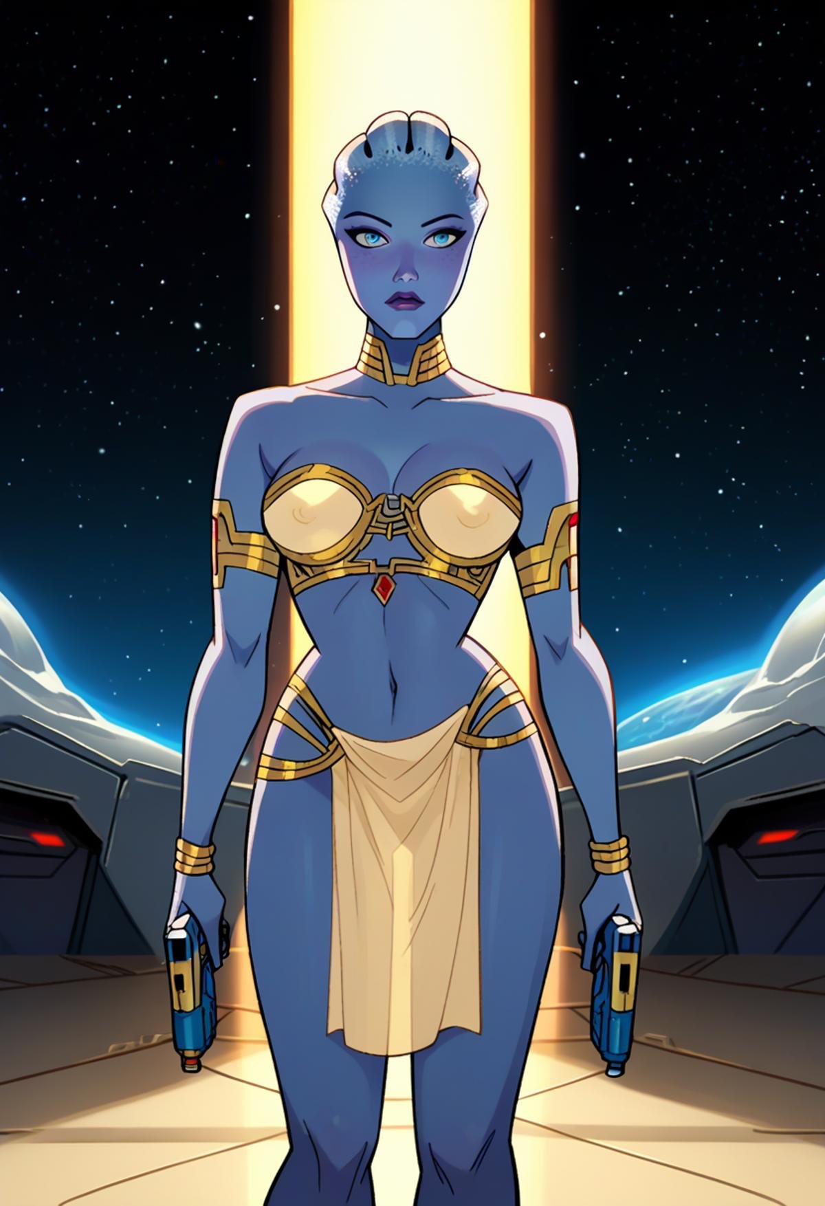 score_9, score_8_up, score_7_up, dcaustyle, liara t'soni, blue skin, blue eyes, gold bikini, strapless, armlet, pelvic curtain, alien planet, space, holding handgun, energy gun, science fiction, backlighting, standing, legs apart, see-through