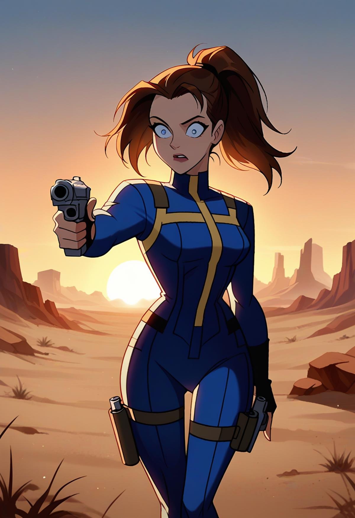 dcaustyle, solo, woman wearing vault suit from fallout /(series/), brown hair, ponytail, parted bangs, wide-eyed, impossible bodysuit, holding handgun, pointing gun, cowboy shot, thigh holster, desert, sunset, backlighting, score_8_up, score_7_up, blue eyes, (surprised:0.8)