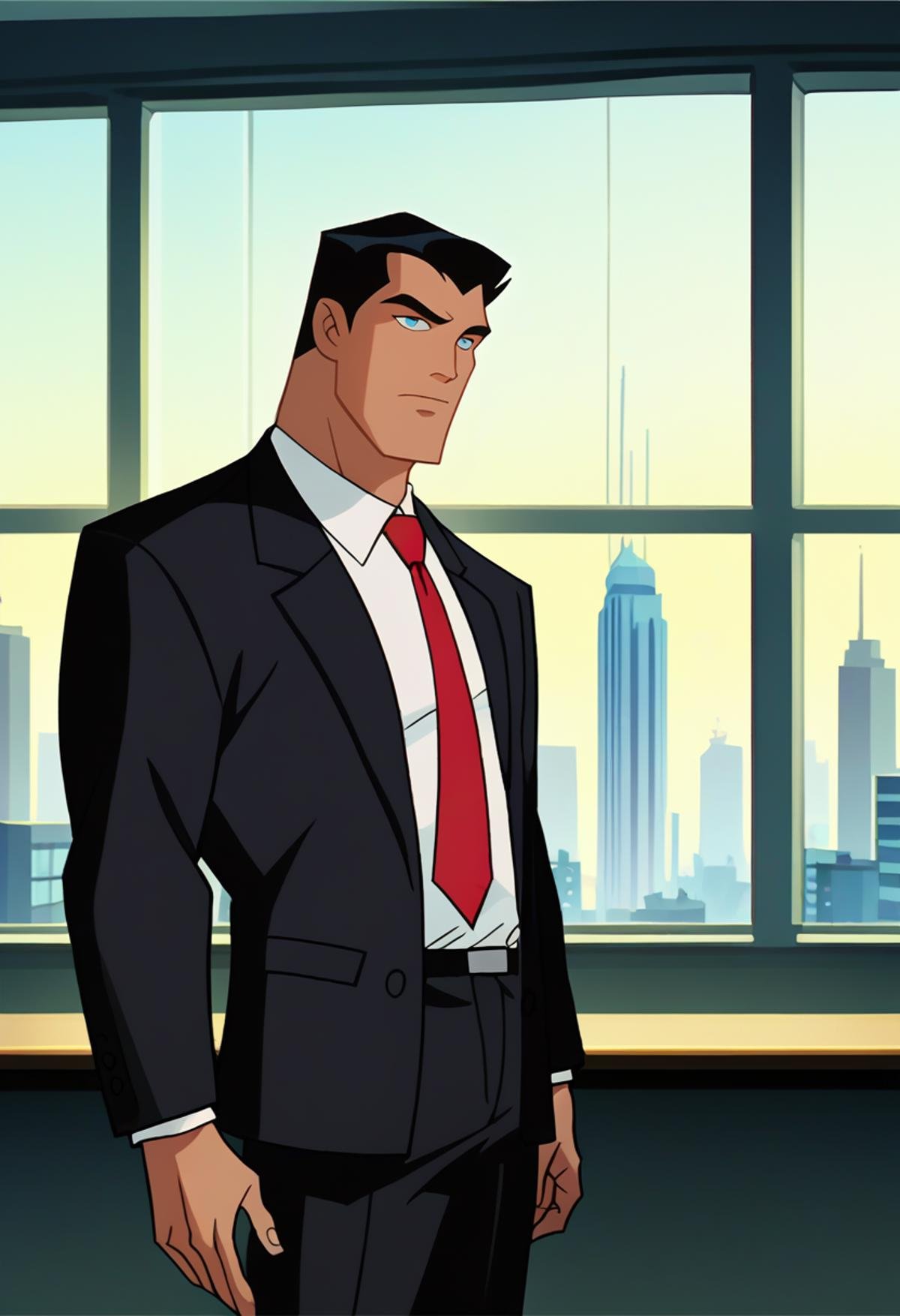 score_9, score_8_up, score_7_up, dcaustyle, male focus, bruce wayne, vector illustration, office, black hair, business suit, black suit jacket, red necktie, window, skyscraper, gotham city, yellow sky