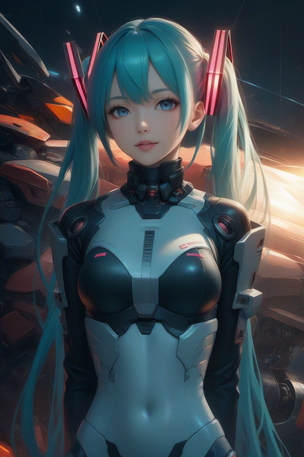 Prompt: score_9, score_8_up, score_7_up, score_6_up, score_5_up, score_4_up, Source_Anime, Source_Pro anime, masterpiece, best quality, 
BREAK
1girl, solo, hatsune miku, (mecha suit:1.2), tight suit, upper body, closed mouth, looking at the viewer, arms behind back, highres, 4k, 8k, intricate detail, cinematic lighting, amazing quality, amazing shading, soft lighting, Detailed Illustration, anime style, wallpaper, FuturEvoLab-Lora-mecha, FuturEvoLab-Bunny, FuturEvoLabCyberpunk, FuturEvoLabgirl