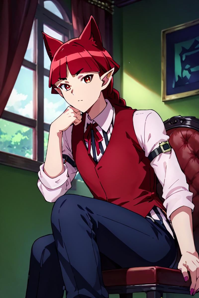score_9,score_8_up,score_7_up,solo, looking at viewer,indoors,Opera,red hair,red eyes,animal ears,braid,pointy ears,Neck ribbon,red vest, sitting, Chair<lora:EMS-401073-EMS:1.000000>
