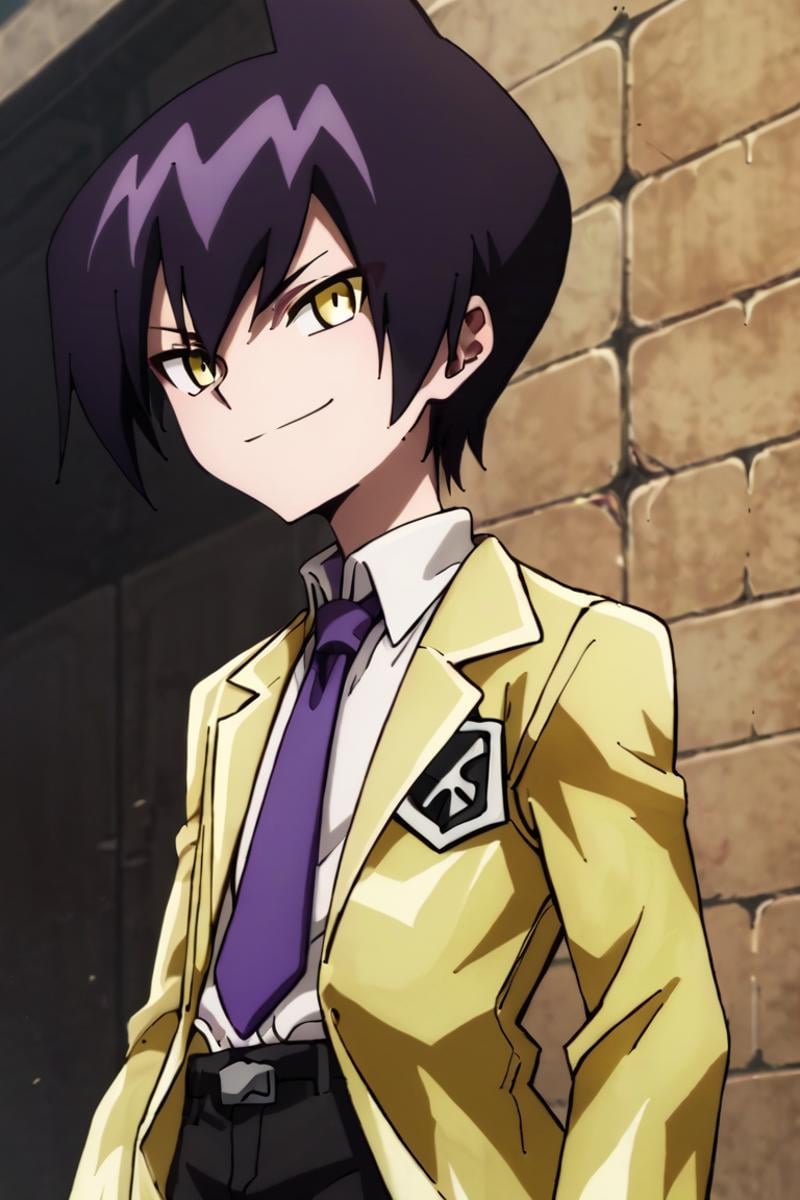 score_9,score_8_up,score_7_up,source_anime,1boy, solo, Tao Ren,purple hair, yellow eyes,Yellow jacket, white shirt, black pants, short pants, purple necktie, smile, upper body<lora:EMS-401123-EMS:1.000000>