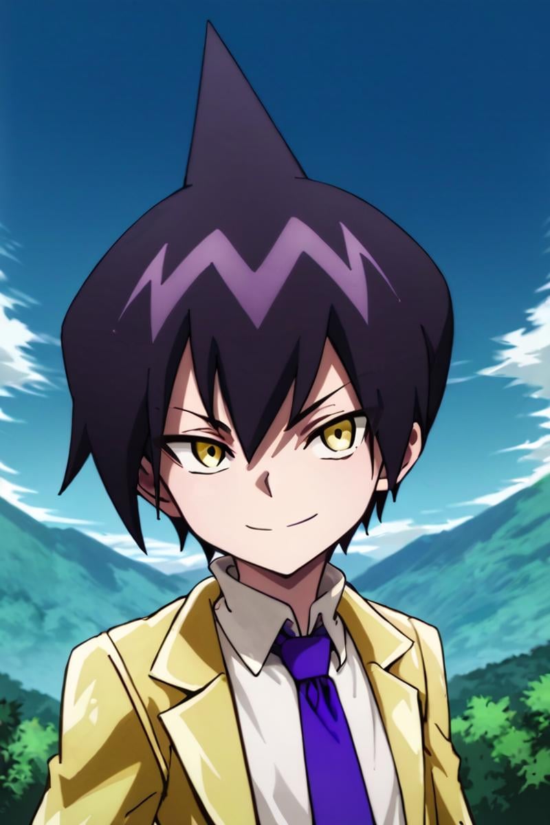 score_9,score_8_up,score_7_up,source_anime,1boy, solo, Tao Ren,purple hair, yellow eyes,Yellow jacket, white shirt, black pants, short pants, purple necktie, smile, upper body,outdoors, sky, light ray<lora:EMS-401123-EMS:1.000000>