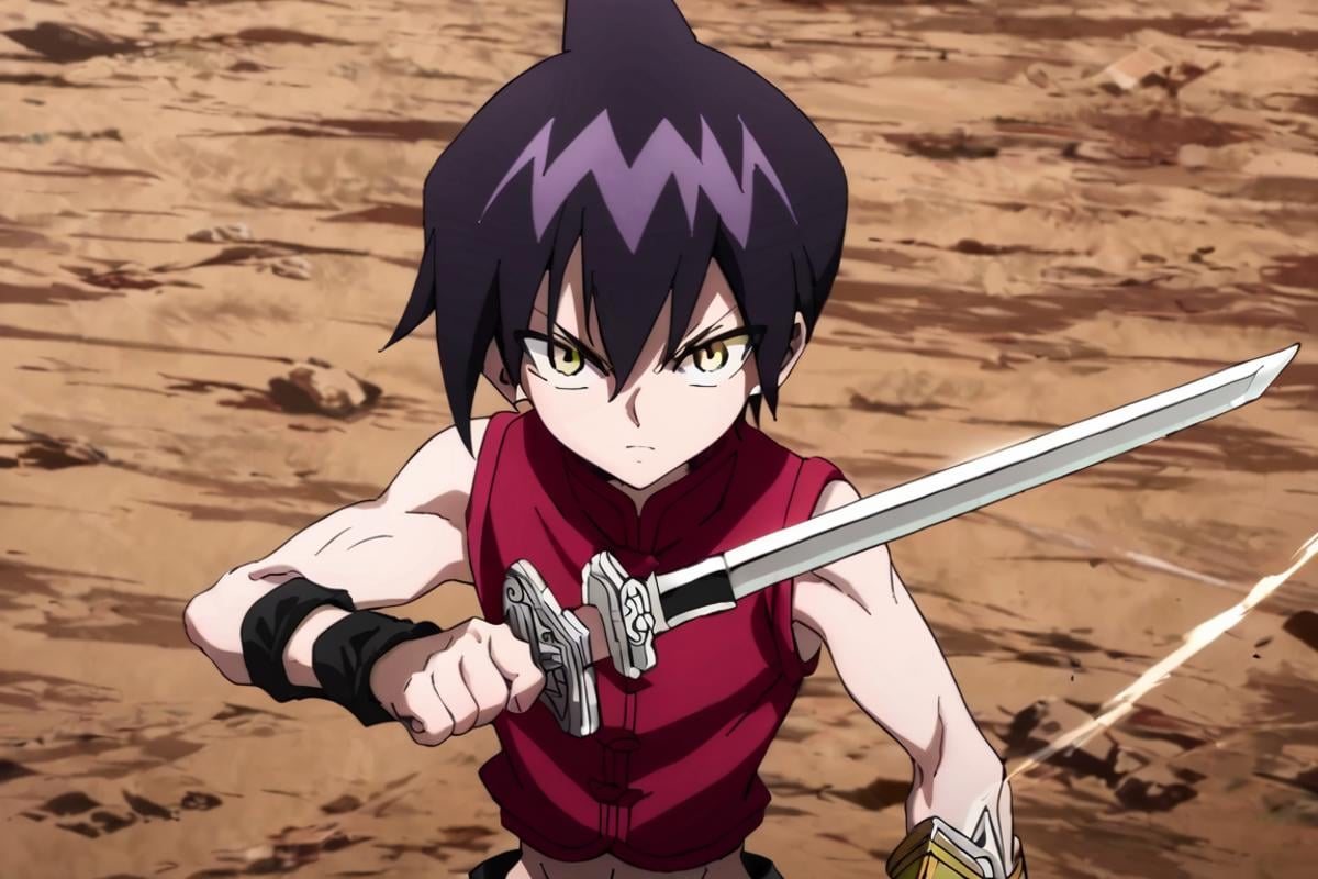 score_9,score_8_up,score_7_up,source_anime,1boy, solo,Tao Ren,purple hair, yellow eyes, Red shirt, sleeveless,midriff, weapon, sword, holding, upper body, looking_at_viewer, fighting_stance<lora:EMS-401123-EMS:1.000000>