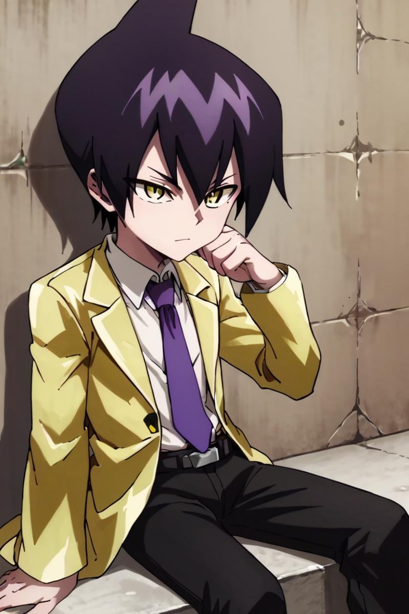 score_9,score_8_up,score_7_up,source_anime,1boy, solo, Tao Ren,purple hair, yellow eyes,Yellow jacket, white shirt, black pants, short pants, purple necktie, sitting<lora:EMS-401123-EMS:1.000000>