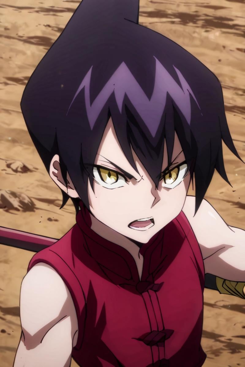 score_9,score_8_up,score_7_up,source_anime,1boy, solo,Tao Ren,purple hair, yellow eyes, Red shirt, sleeveless,midriff, weapon, holding, Polearm, open mouth, fighting_stance, looking at viewer, upper body, close-up<lora:EMS-401123-EMS:1.000000>