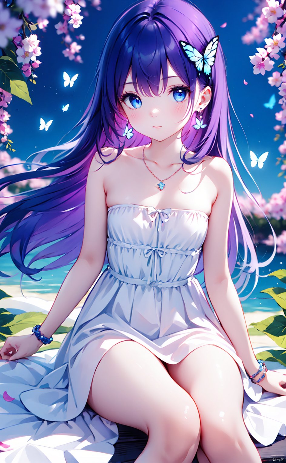 1girl, (solo), long hair, looking at viewer, blue eyes, small breasts, hair ornament, dress,  bare shoulders, jewelry, sitting, closed mouth, purple hair, earrings, necklace, white dress, bracelet, petals, strapless, bug, butterfly