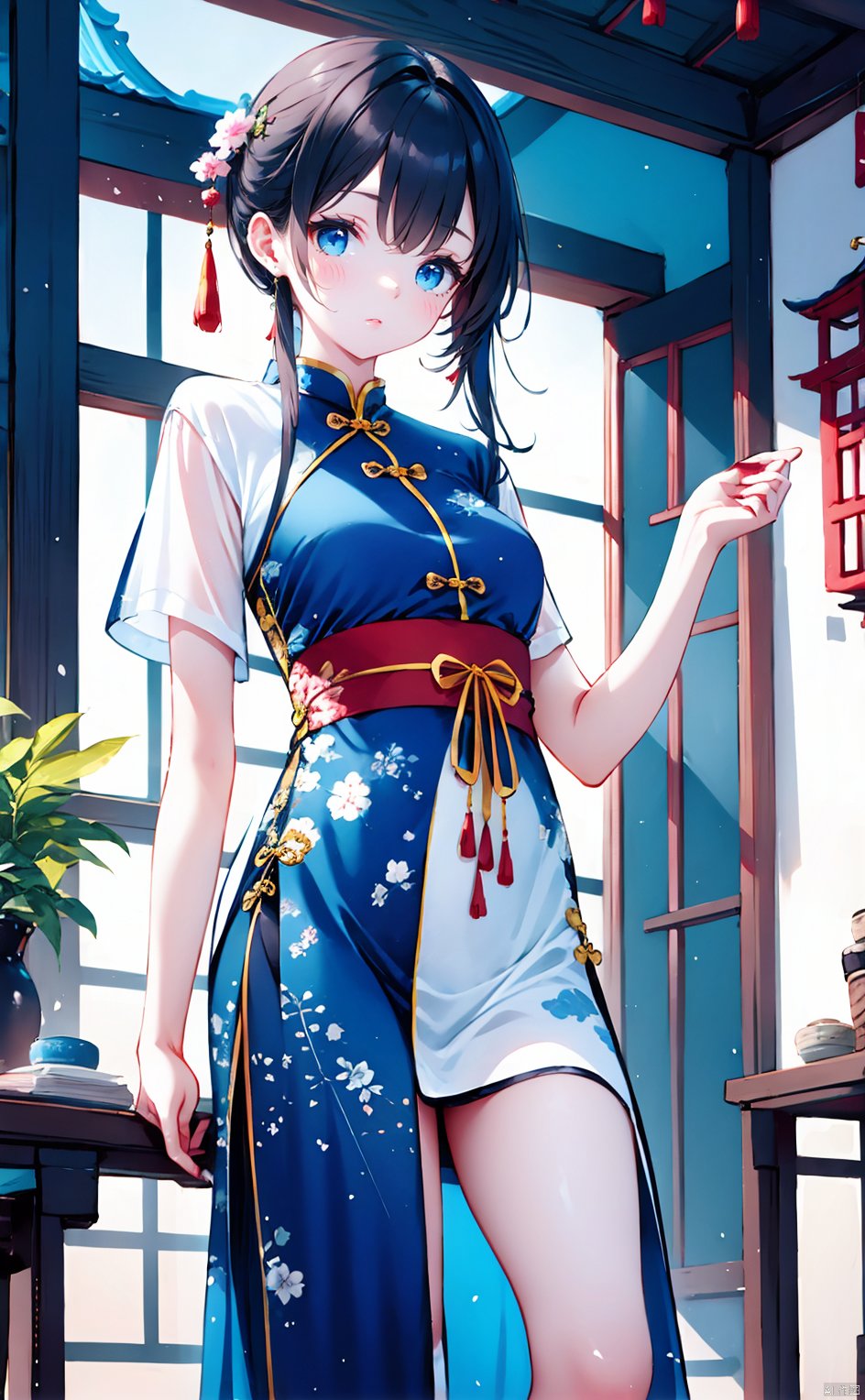  1girl, MMN, klein_blue, Ink scattering_Chinese style