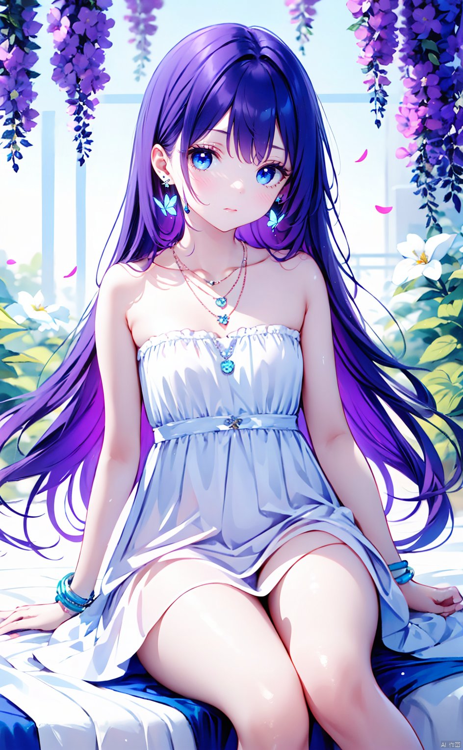 1girl, (solo), long hair, looking at viewer, blue eyes, small breasts, hair ornament, dress,  bare shoulders, jewelry, sitting, closed mouth, purple hair, earrings, necklace, white dress, bracelet, petals, strapless, bug, butterfly