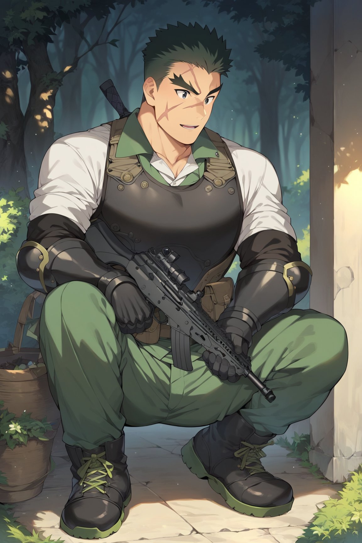 score_9, score_8_up, score_7_up, cute, masterpiece, best quality, best aesthetic, 1boy, male focus, full_body, akatsukiiwao, black hair, short_hair, black eyes, thick eyebrows, armor, black vest, black boots, black gauntlets, scar on face, assault_rifle