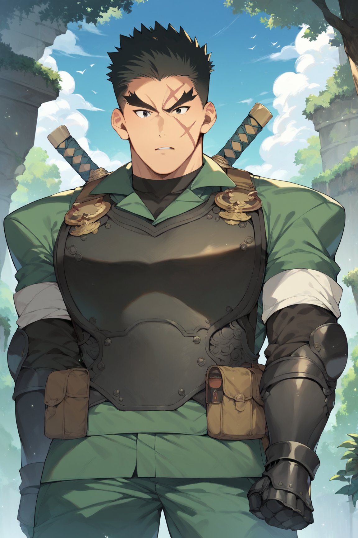 score_9, score_8_up, score_7_up, cute, masterpiece, best quality, best aesthetic, 1boy, male focus, full_body, akatsukiiwao, black hair, short_hair, black eyes, thick eyebrows, armor, black vest, black boots, black gauntlets, scar on face, combat pose,