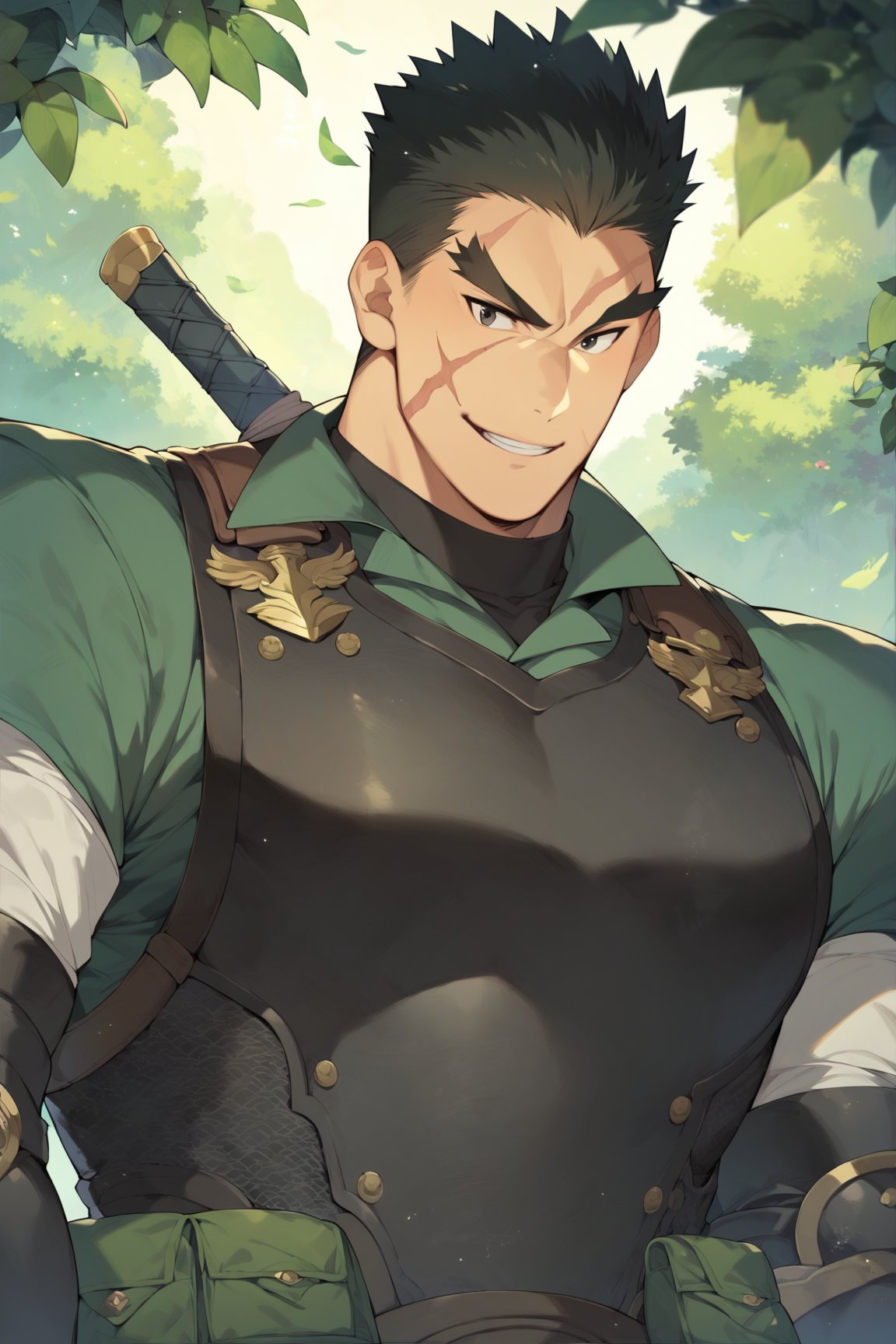 score_9, score_8_up, score_7_up, cute, masterpiece, best quality, best aesthetic, 1boy, male focus, portrait, akatsukiiwao, black hair, short_hair, black eyes, thick eyebrows, armor, black vest, black gauntlets, scar on face, 