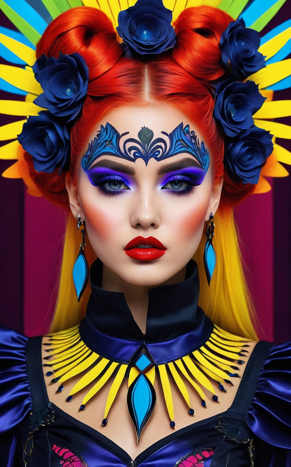 (best quality, 4K, 8K, high-resolution, masterpiece), ultra-detailed, photorealistic, striking young woman, bold Neo-Gothic makeup, bold Neo-Gothic hair, vibrant Pop Art inspired outfit, intricate facial designs, modern fashion, high fashion, vibrant colors, digital art