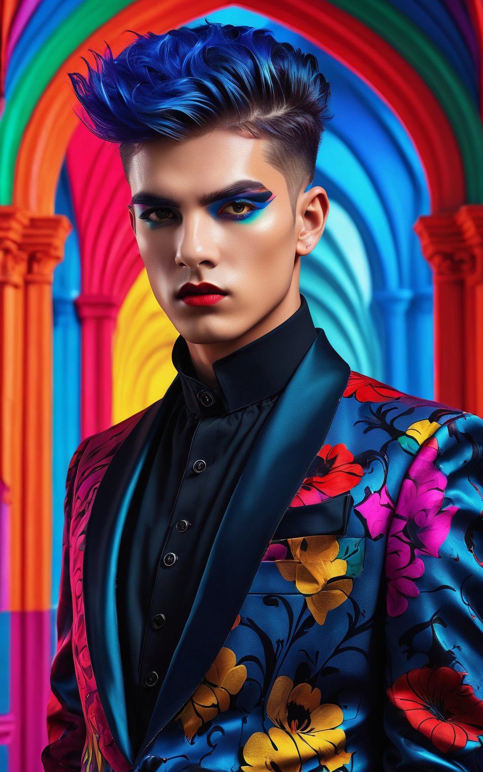 (best quality, 4K, 8K, high-resolution, masterpiece), ultra-detailed, photorealistic, young man, striking appearance, bold Neo-Gothic makeup, bold Neo-Gothic hair, vibrant Pop Art inspired outfit, colorful, high-contrast, surreal atmosphere, digital art.